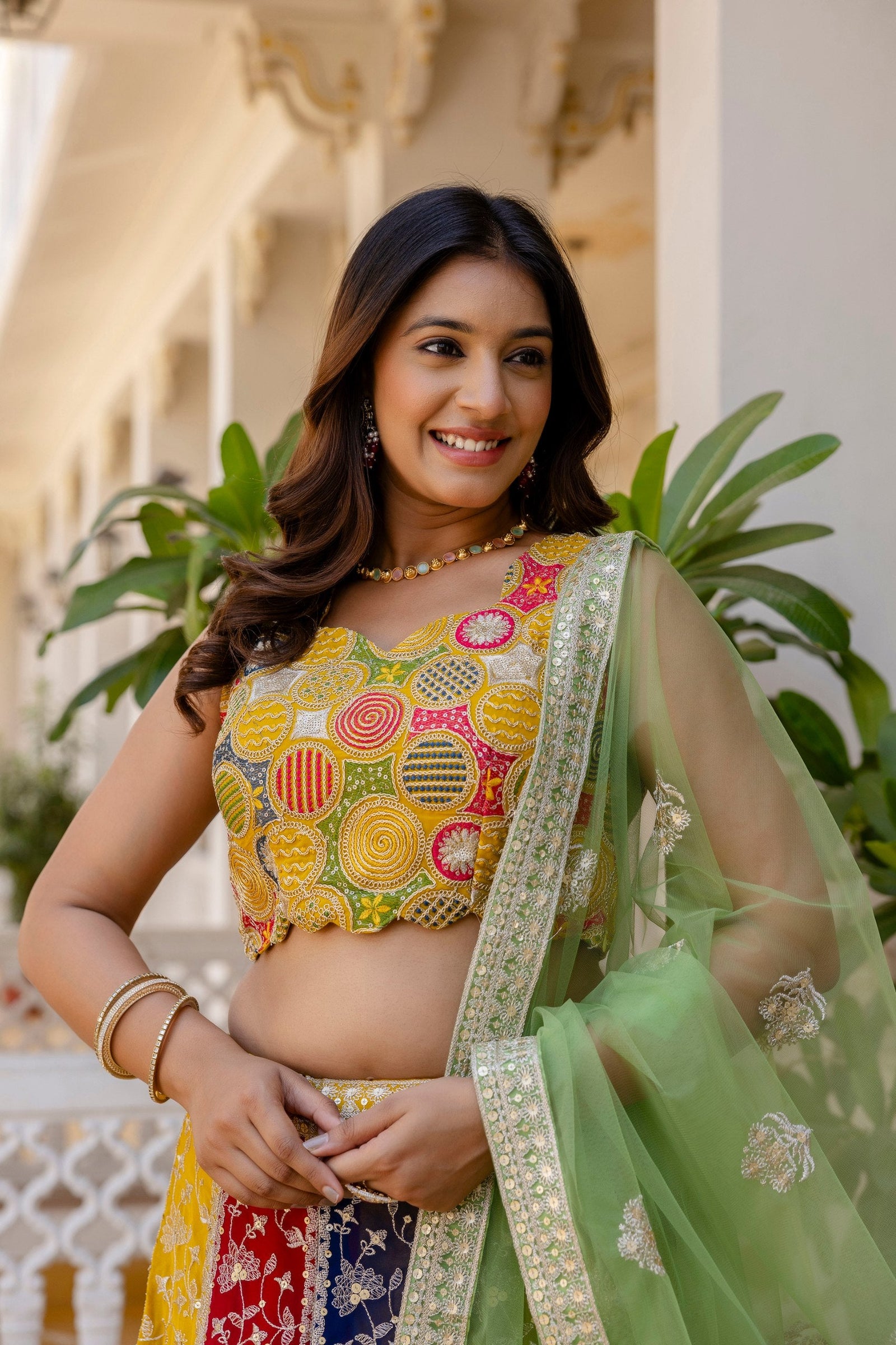Multi Colour Faux Georgette Sequins Embroidered Lehenga Set with Designer Net Dupatta – Semi-Stitche ClothsVilla