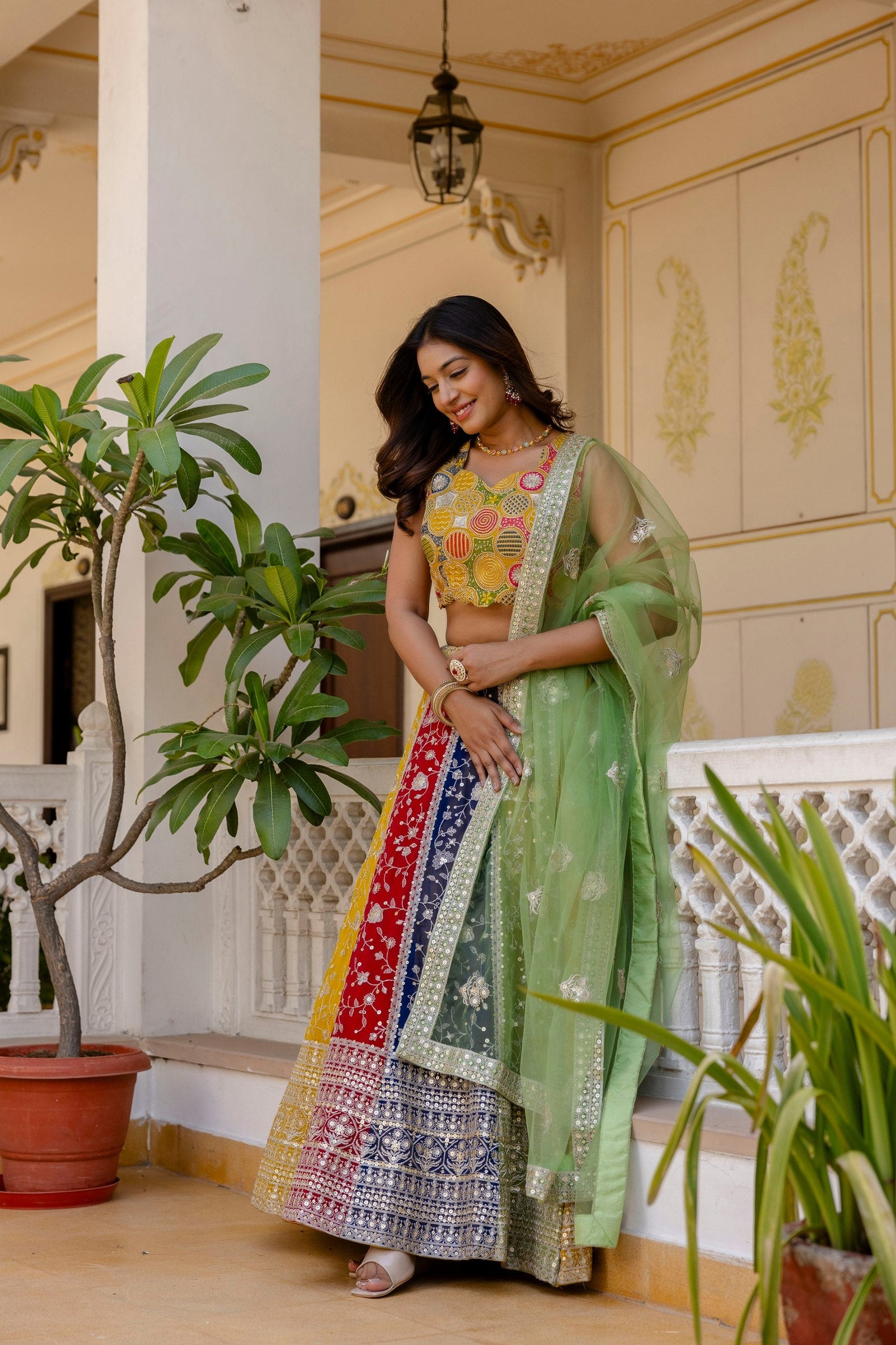 Multi Colour Faux Georgette Sequins Embroidered Lehenga Set with Designer Net Dupatta – Semi-Stitche ClothsVilla