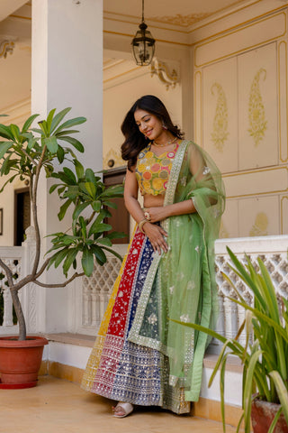 Multi Colour Faux Georgette Sequins Embroidered Lehenga Set with Designer Net Dupatta – Semi-Stitche ClothsVilla