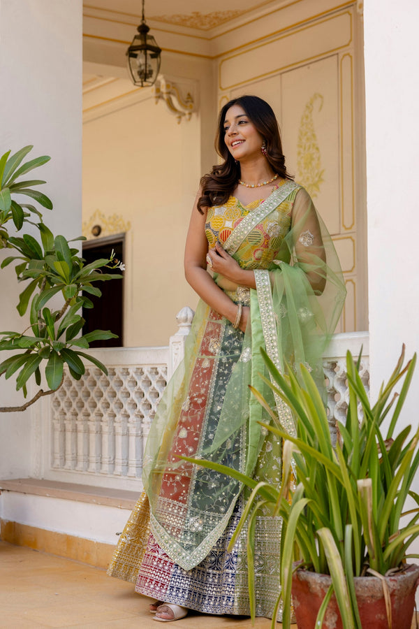 Multi Colour Faux Georgette Sequins Embroidered Lehenga Set with Designer Net Dupatta – Semi-Stitche ClothsVilla