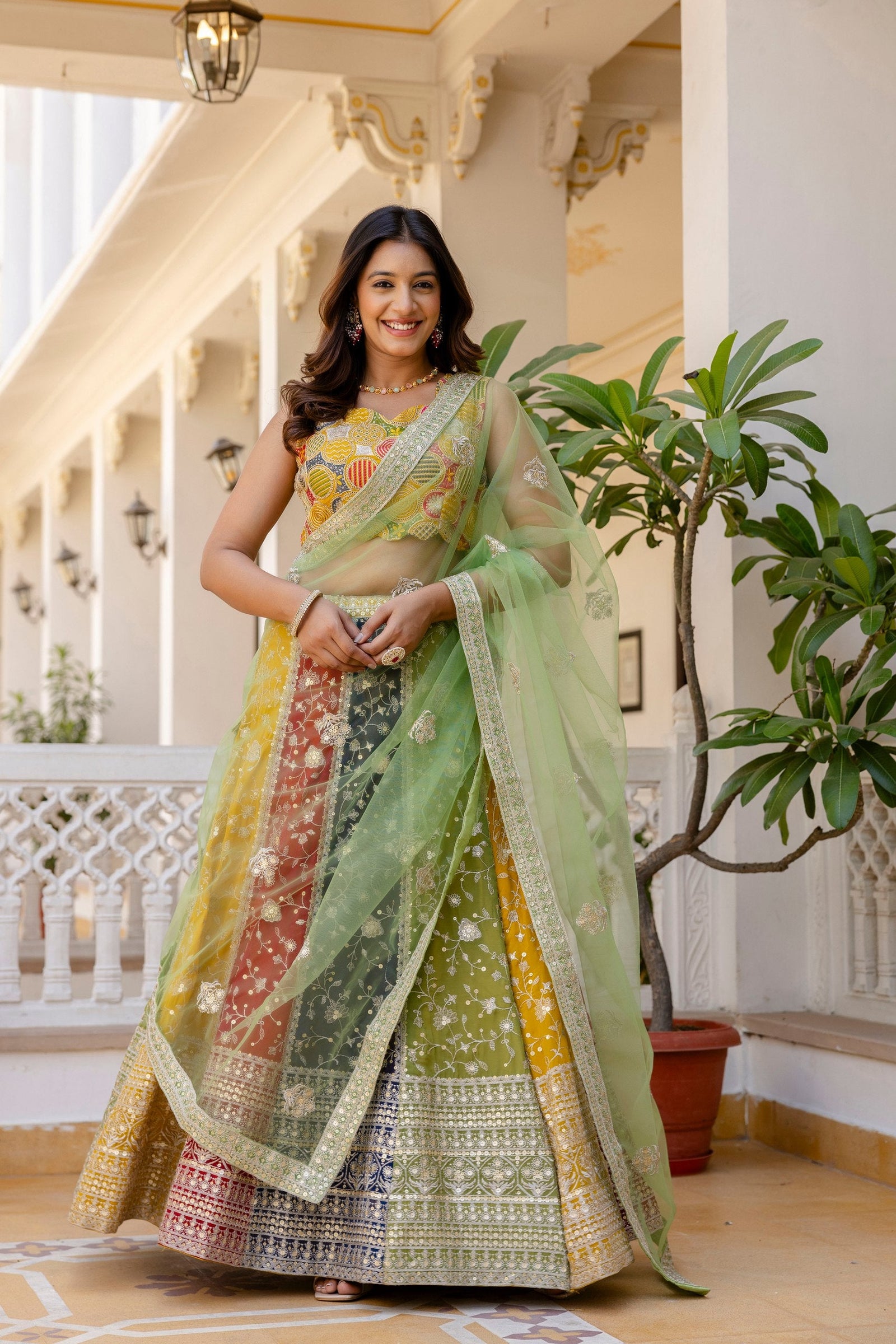 Multi Colour Faux Georgette Sequins Embroidered Lehenga Set with Designer Net Dupatta – Semi-Stitche ClothsVilla