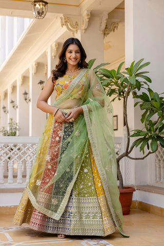 Multi Colour Faux Georgette Sequins Embroidered Lehenga Set with Designer Net Dupatta – Semi-Stitche ClothsVilla