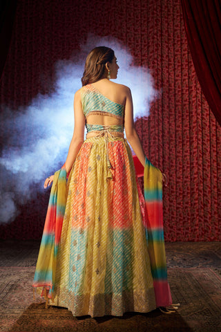 Multi Colour Organza Semi-Stitched Lehenga Choli with Mukaish Work Dupatta & Embroidered Digital Print ClothsVilla