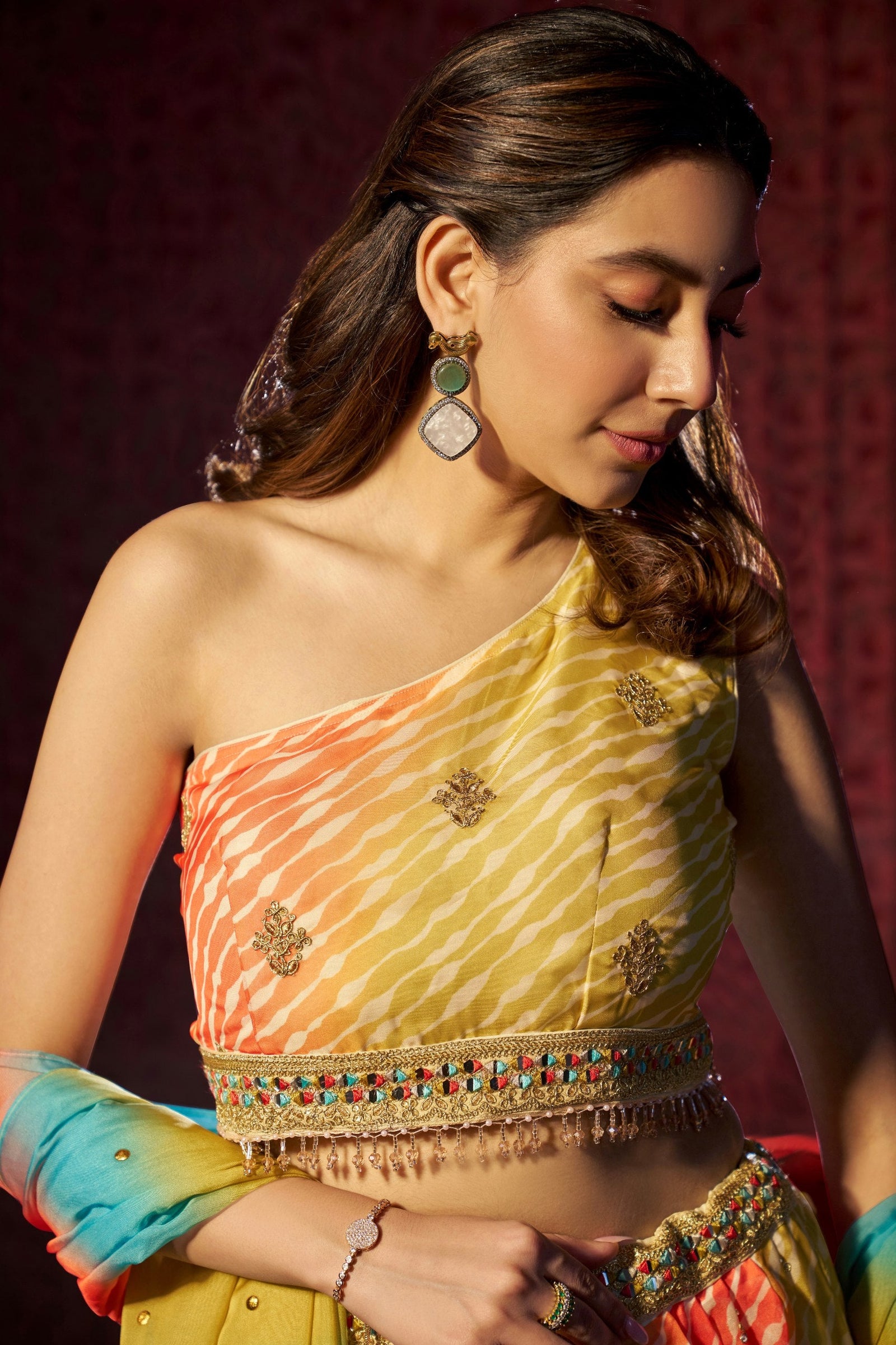 Multi Colour Organza Semi-Stitched Lehenga Choli with Mukaish Work Dupatta & Embroidered Digital Print ClothsVilla