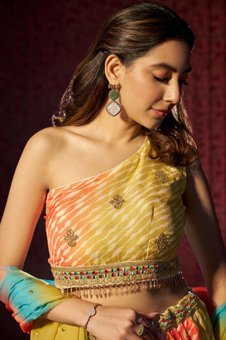 Multi Colour Organza Semi-Stitched Lehenga Choli with Mukaish Work Dupatta & Embroidered Digital Print ClothsVilla