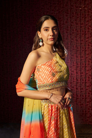 Multi Colour Organza Semi-Stitched Lehenga Choli with Mukaish Work Dupatta & Embroidered Digital Print ClothsVilla
