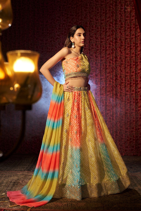 Multi Colour Organza Semi-Stitched Lehenga Choli with Mukaish Work Dupatta & Embroidered Digital Print ClothsVilla