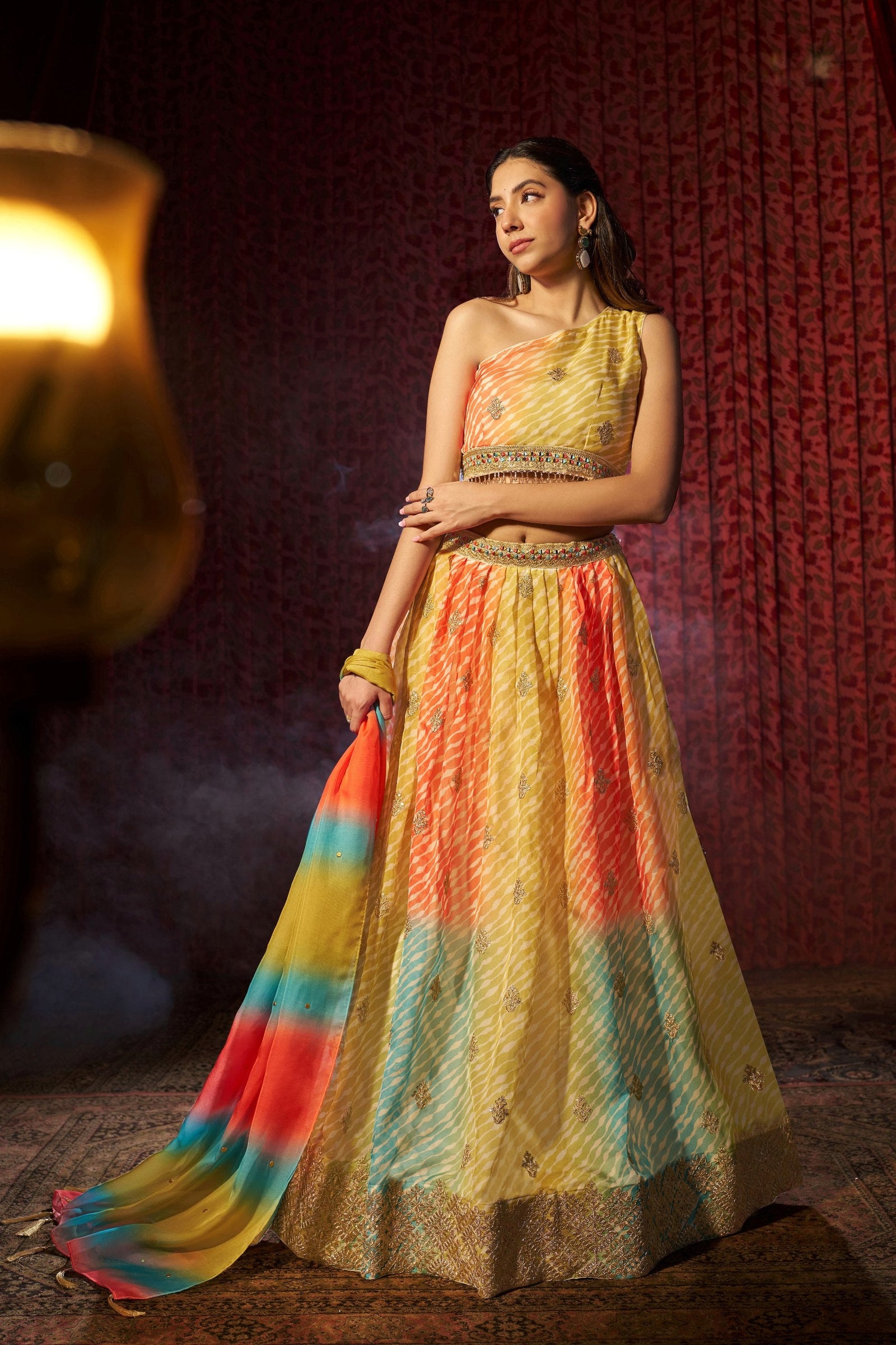Multi Colour Organza Semi-Stitched Lehenga Choli with Mukaish Work Dupatta & Embroidered Digital Print ClothsVilla