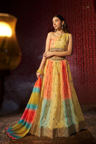 Multi Colour Organza Semi-Stitched Lehenga Choli with Mukaish Work Dupatta & Embroidered Digital Print ClothsVilla