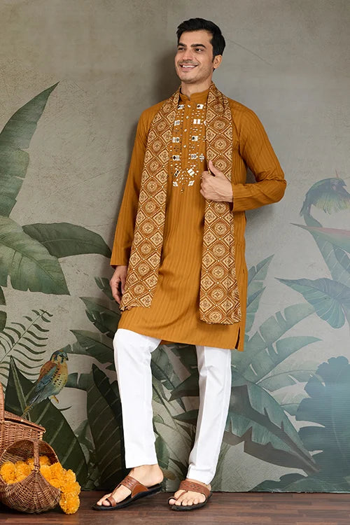 Wedding Special Mustard Mirror Kurta Set with Dupatta for Men Clothsvilla Main image