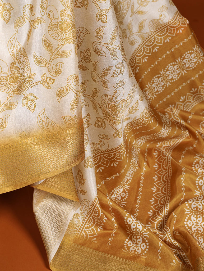 Mustard Yellow Dola Silk Saree with Printed Work and Zari Border ClothsVilla