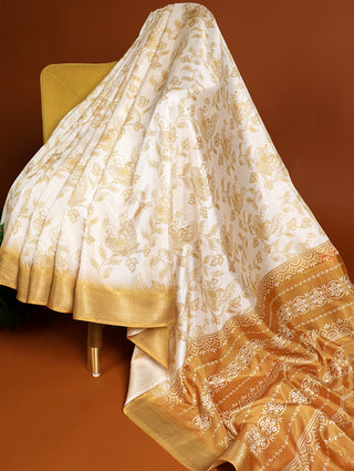 Mustard Yellow Dola Silk Saree with Printed Work and Zari Border ClothsVilla