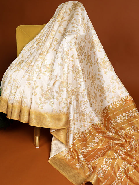 Mustard Yellow Dola Silk Saree with Printed Work and Zari Border ClothsVilla Main image