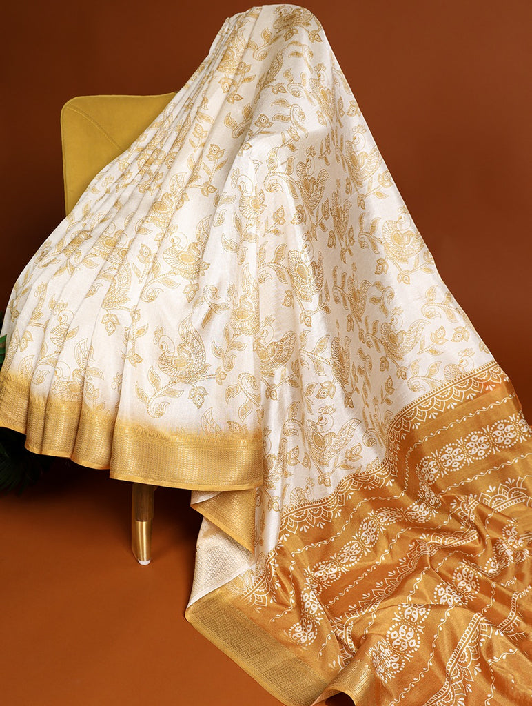 Mustard Yellow Dola Silk Saree with Printed Work and Zari Border ClothsVilla