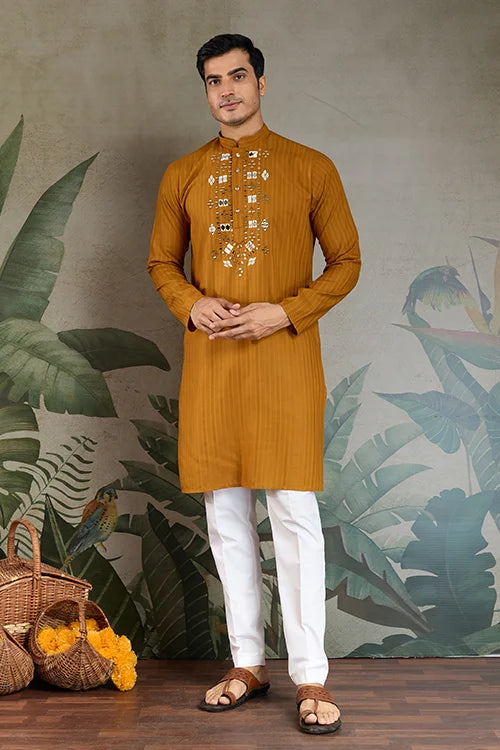 Wedding Special Mustard Mirror Kurta Set with Dupatta for Men Clothsvilla