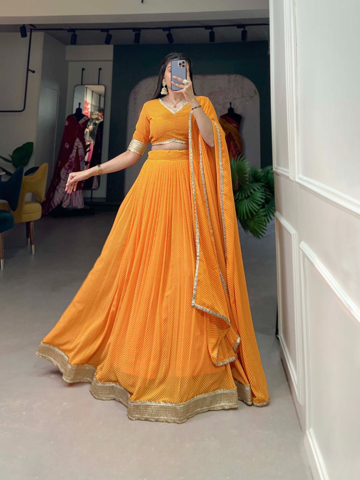 Mustard Yellow Color Dot Print Georgette Lehenga Choli ClothsVilla