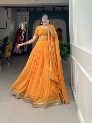 Mustard Yellow Color Dot Print Georgette Lehenga Choli ClothsVilla