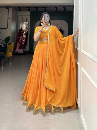 Mustard Yellow Color Dot Print Georgette Lehenga Choli ClothsVilla