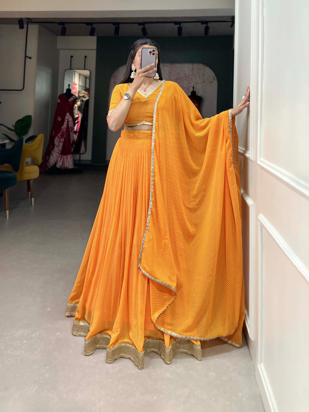 Mustard Yellow Color Dot Print Georgette Lehenga Choli ClothsVilla