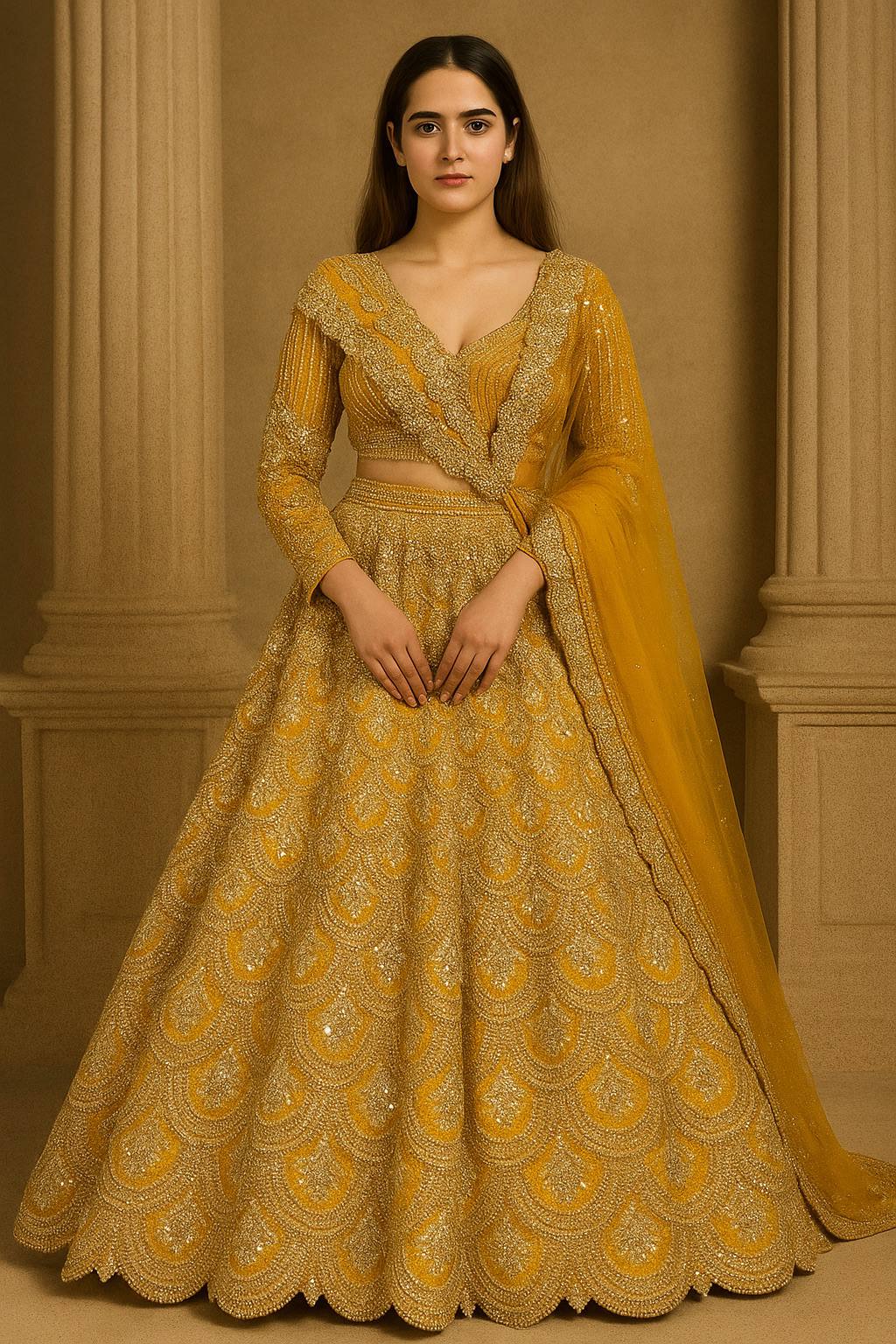 Mustard Premium Heavy Thai Silk Lehenga Set with Sequins & Dori Work ClothsVilla
