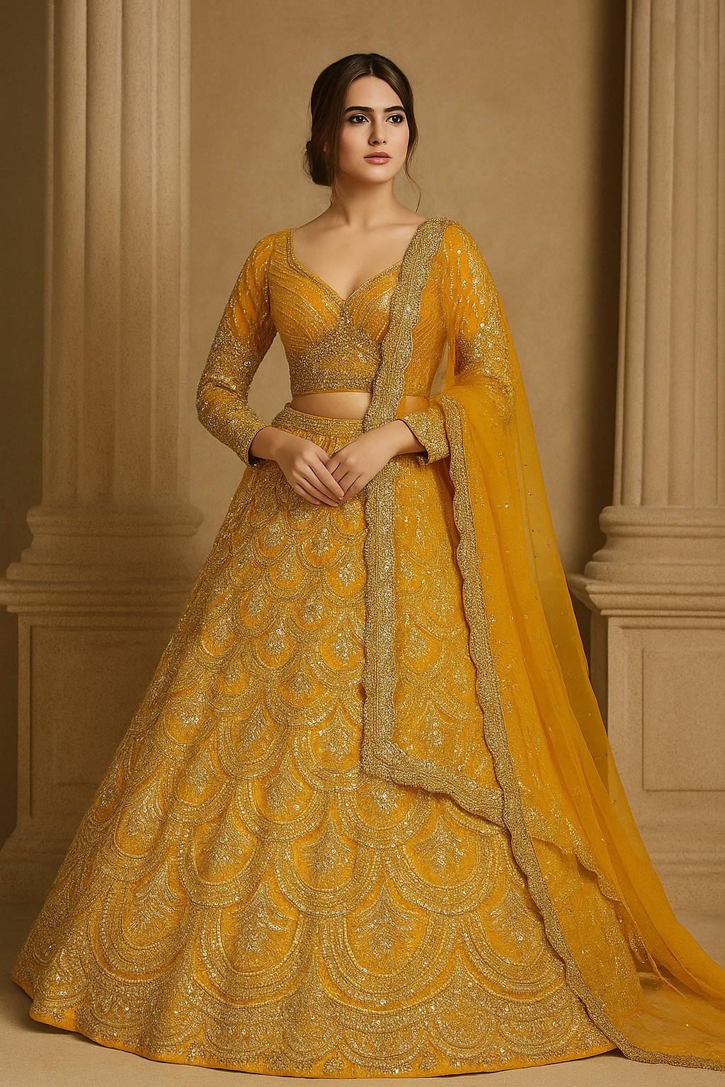 Mustard Premium Heavy Thai Silk Lehenga Set with Sequins & Dori Work ClothsVilla