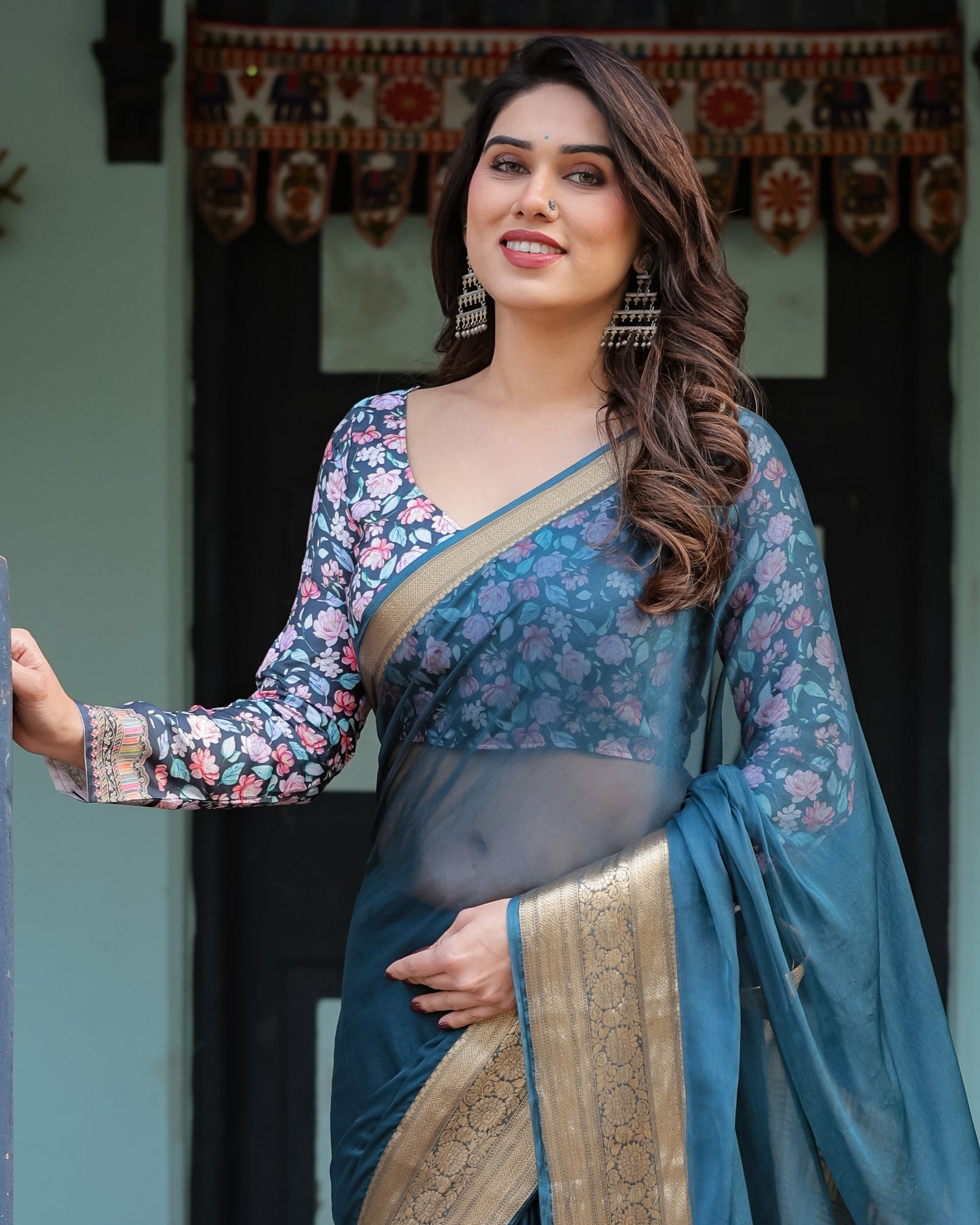 Teal Blue Plain Chiffon Saree with Gold Zari Border, Floral Printed Blouse & Tassel Detailing CHIFFON