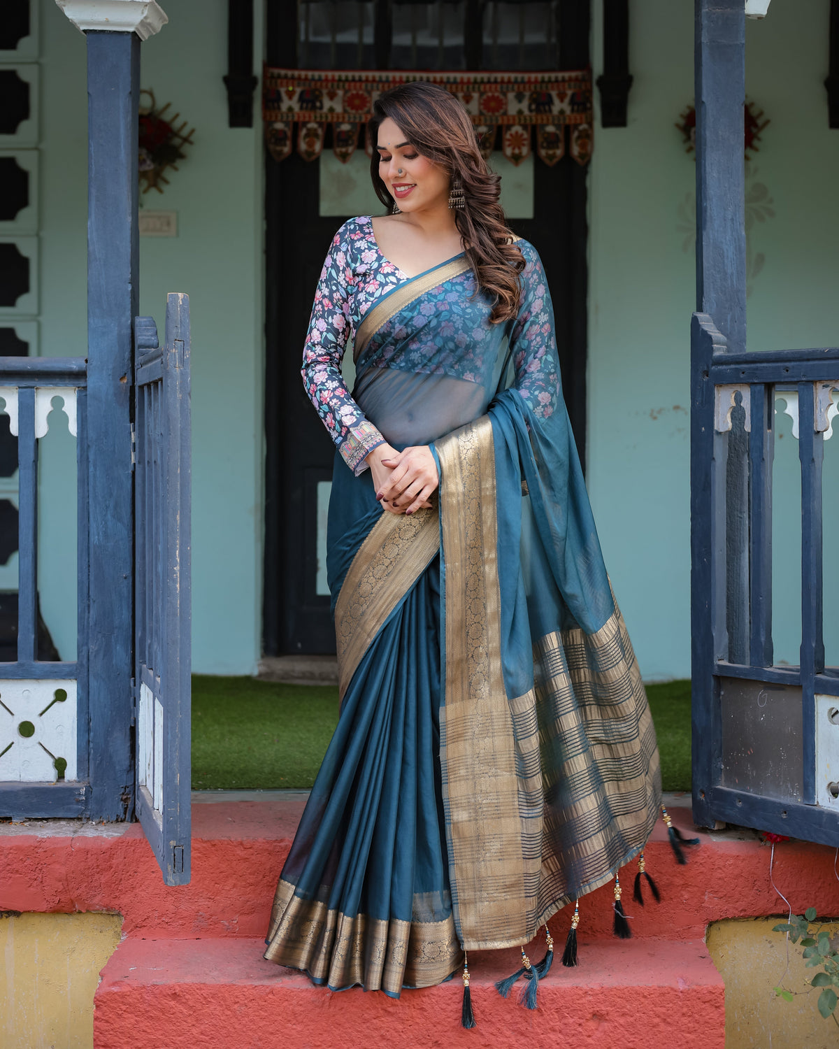 Teal Blue Plain Chiffon Saree with Gold Zari Border, Floral Printed Blouse & Tassel Detailing CHIFFON Main image