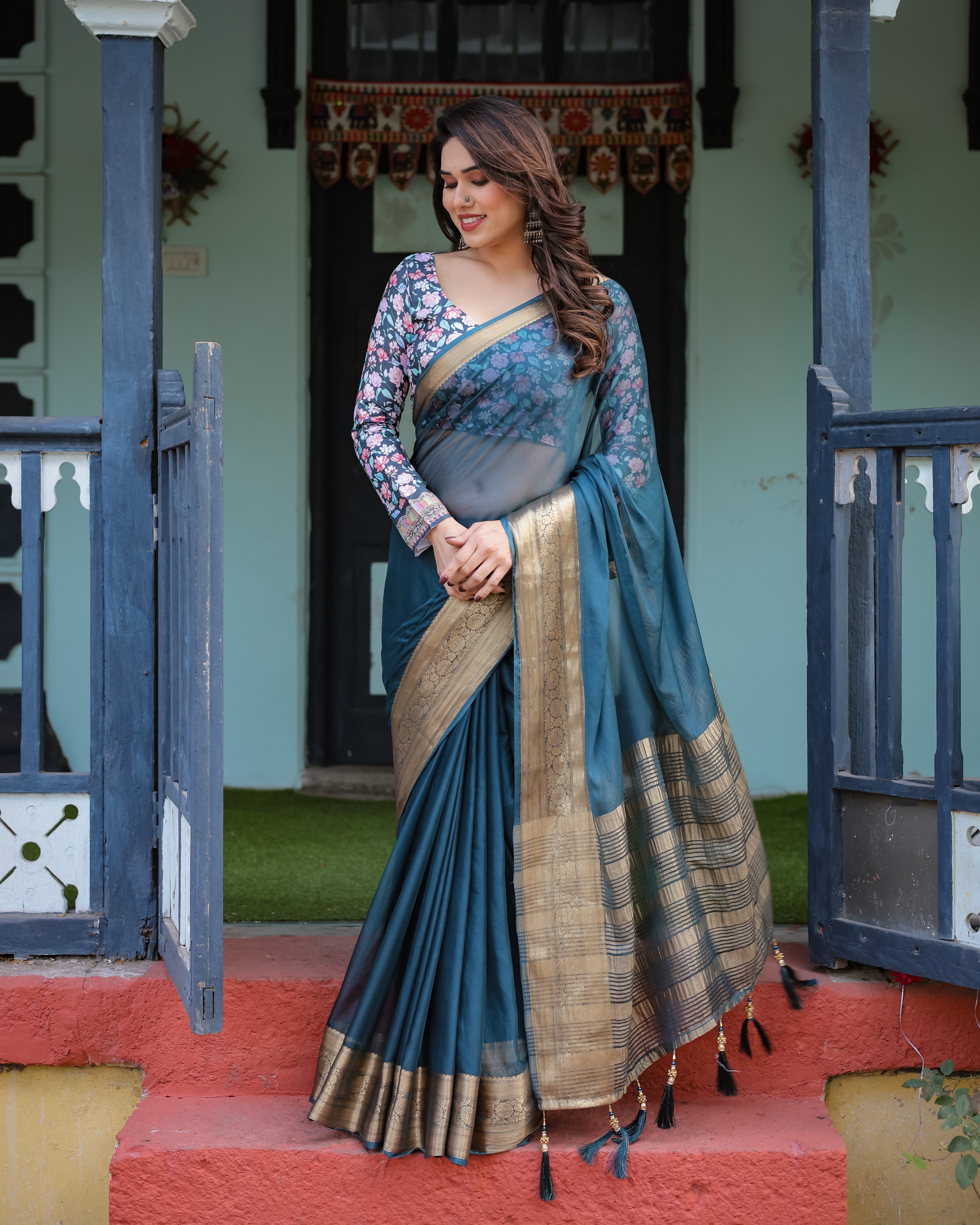 Teal Blue Plain Chiffon Saree with Gold Zari Border, Floral Printed Blouse & Tassel Detailing CHIFFON Main image