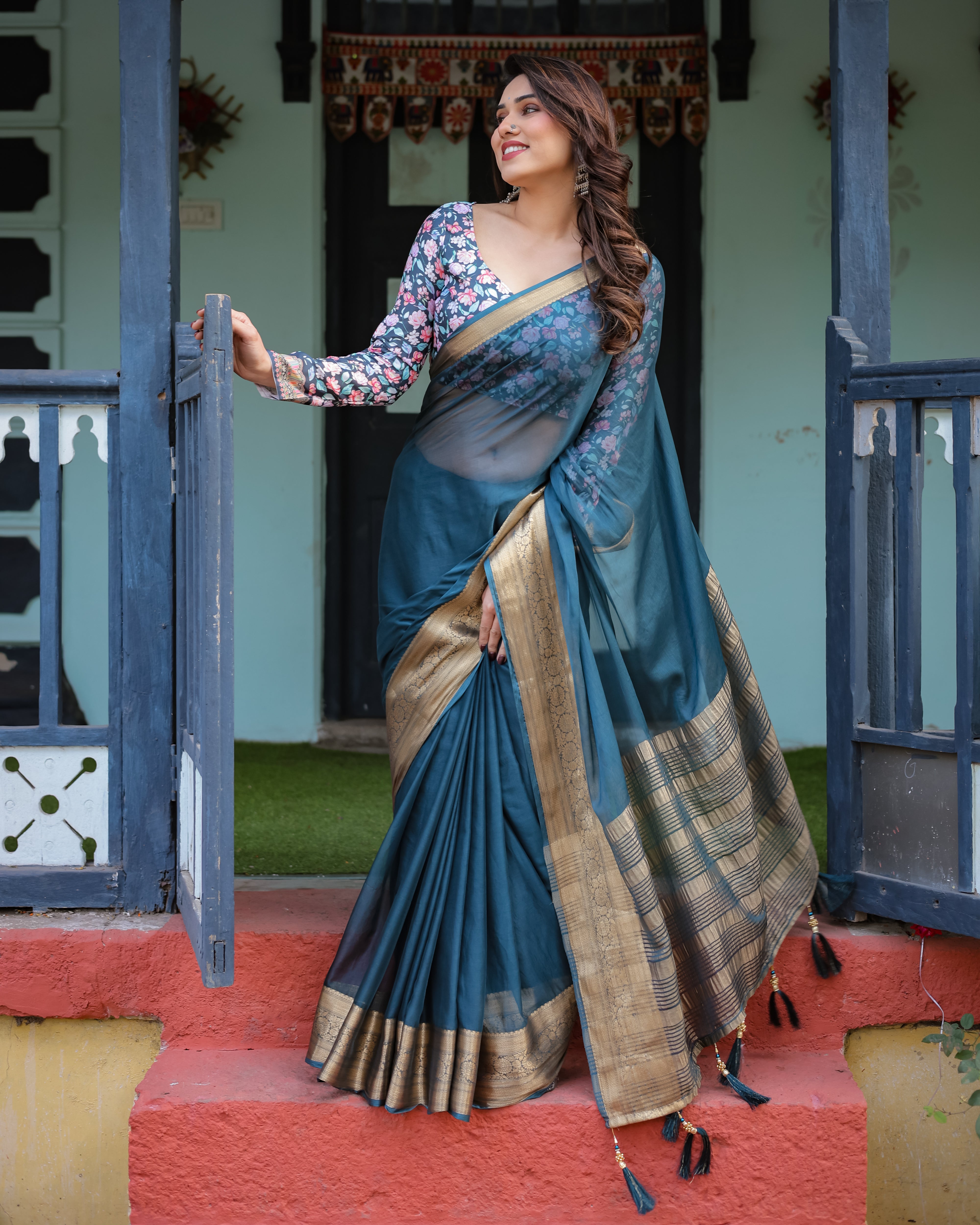 Teal Blue Plain Chiffon Saree with Gold Zari Border, Floral Printed Blouse & Tassel Detailing Secondary image