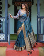 Load image into Gallery viewer, Teal Blue Plain Chiffon Saree with Gold Zari Border, Floral Printed Blouse &amp; Tassel Detailing CHIFFON