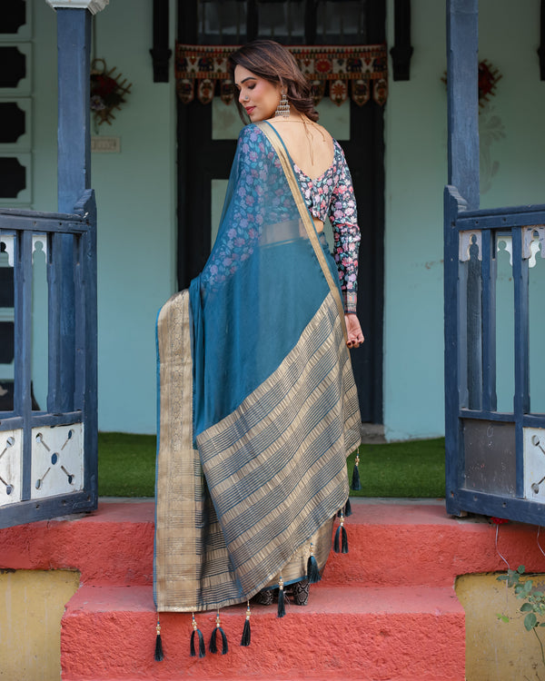 Teal Blue Plain Chiffon Saree with Gold Zari Border, Floral Printed Blouse & Tassel Detailing CHIFFON