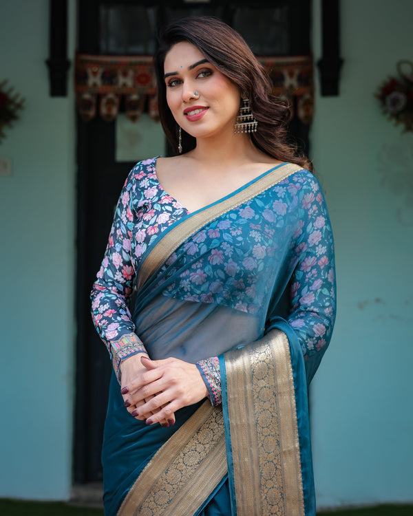 Teal Blue Plain Chiffon Saree with Gold Zari Border, Floral Printed Blouse & Tassel Detailing CHIFFON