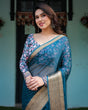 Load image into Gallery viewer, Teal Blue Plain Chiffon Saree with Gold Zari Border, Floral Printed Blouse &amp; Tassel Detailing CHIFFON