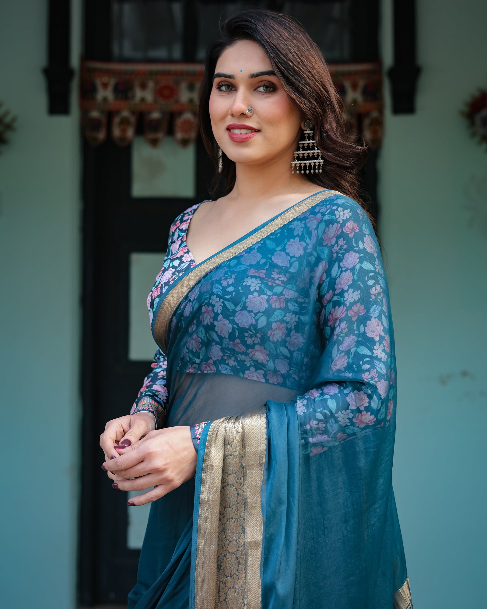 Teal Blue Plain Chiffon Saree with Gold Zari Border, Floral Printed Blouse & Tassel Detailing CHIFFON