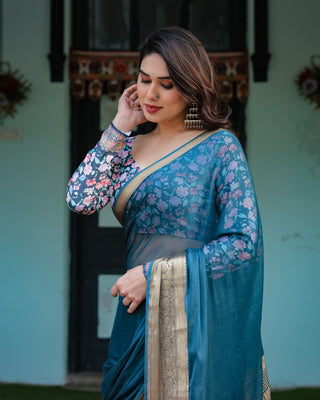 Teal Blue Plain Chiffon Saree with Gold Zari Border, Floral Printed Blouse & Tassel Detailing CHIFFON