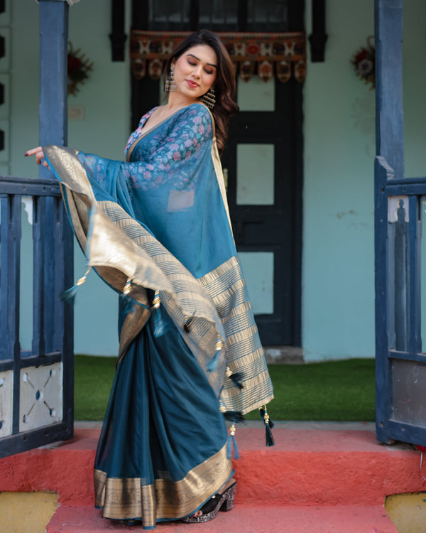 Teal Blue Plain Chiffon Saree with Gold Zari Border, Floral Printed Blouse & Tassel Detailing CHIFFON