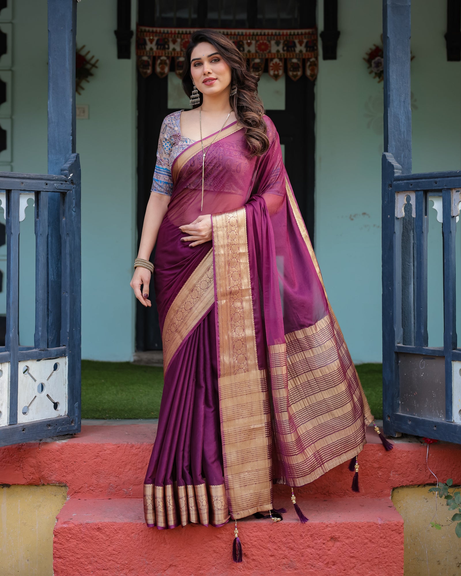 Majestic Plum Plain Chiffon Saree with Gold Zari Border, Printed Designer Blouse & Tassel Detailing CHIFFON