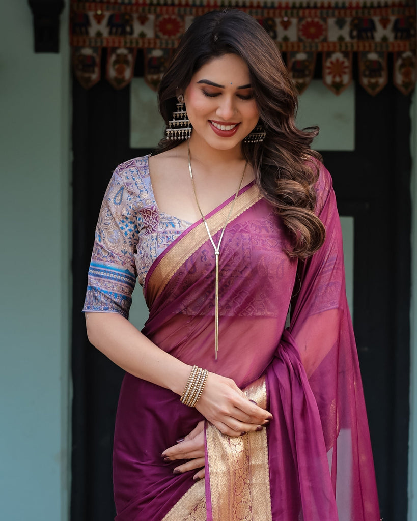 Majestic Plum Plain Chiffon Saree with Gold Zari Border, Printed Designer Blouse & Tassel Detailing CHIFFON