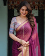 Load image into Gallery viewer, Majestic Plum Plain Chiffon Saree with Gold Zari Border, Printed Designer Blouse &amp; Tassel Detailing CHIFFON