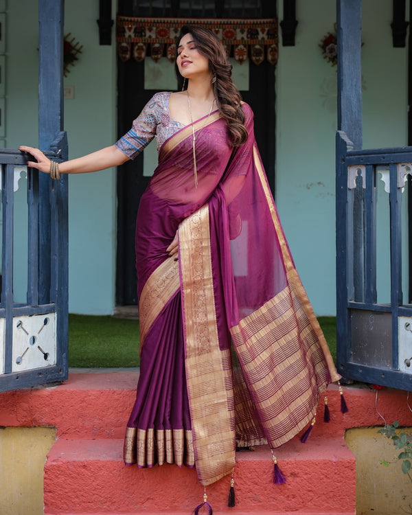 Majestic Plum Plain Chiffon Saree with Gold Zari Border, Printed Designer Blouse & Tassel Detailing CHIFFON