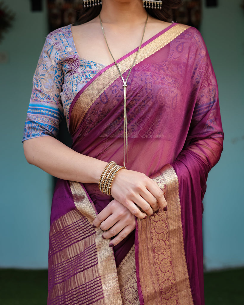 Majestic Plum Plain Chiffon Saree with Gold Zari Border, Printed Designer Blouse & Tassel Detailing CHIFFON
