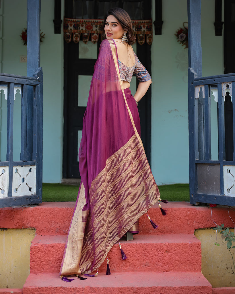 Majestic Plum Plain Chiffon Saree with Gold Zari Border, Printed Designer Blouse & Tassel Detailing CHIFFON