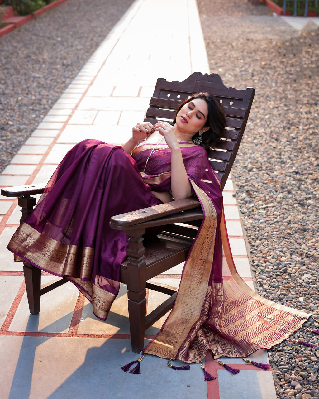 Majestic Plum Plain Chiffon Saree with Gold Zari Border, Printed Designer Blouse & Tassel Detailing CHIFFON
