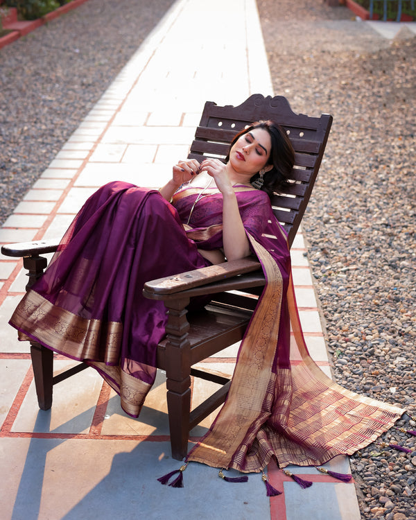 Majestic Plum Plain Chiffon Saree with Gold Zari Border, Printed Designer Blouse & Tassel Detailing CHIFFON