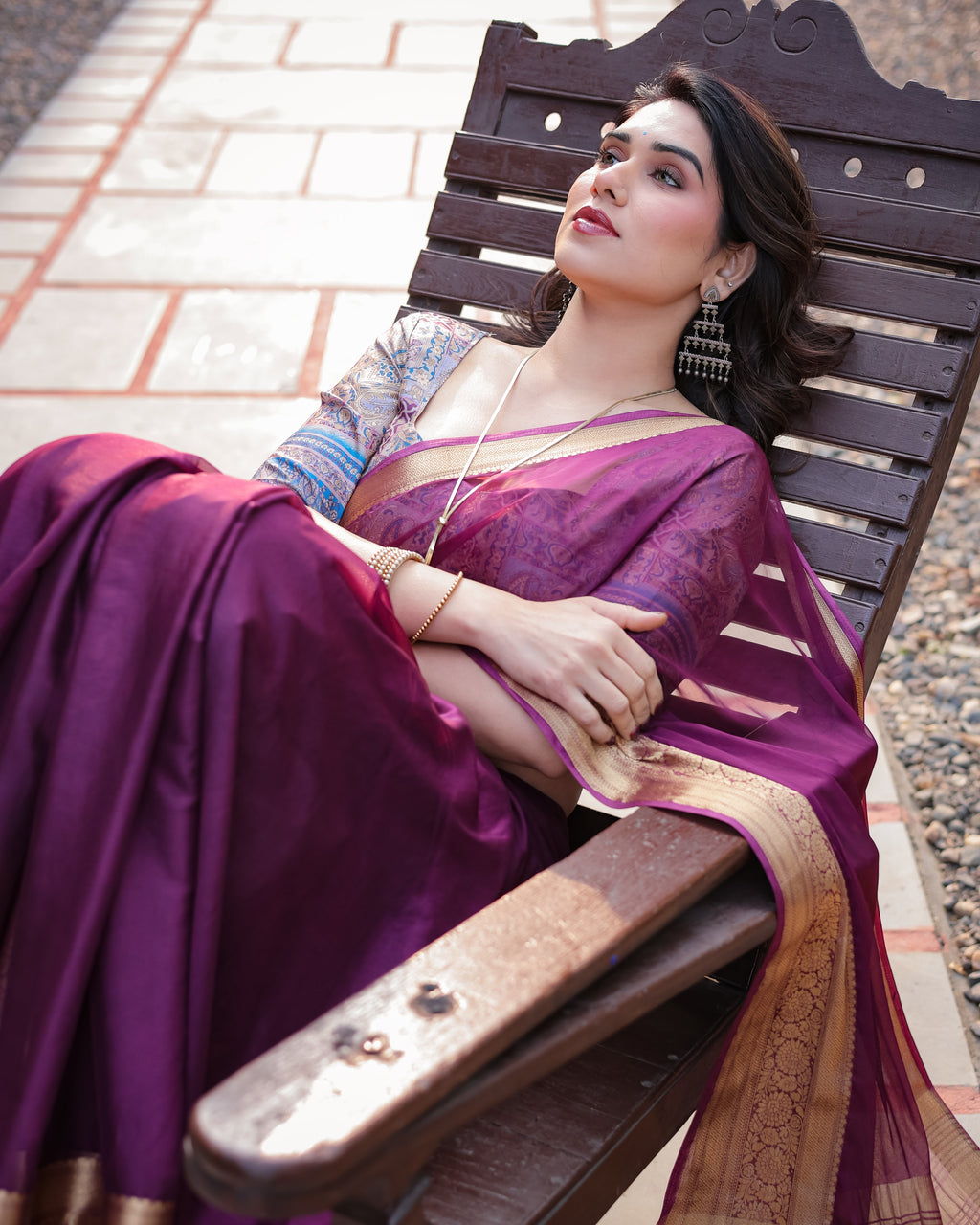 Majestic Plum Plain Chiffon Saree with Gold Zari Border, Printed Designer Blouse & Tassel Detailing CHIFFON