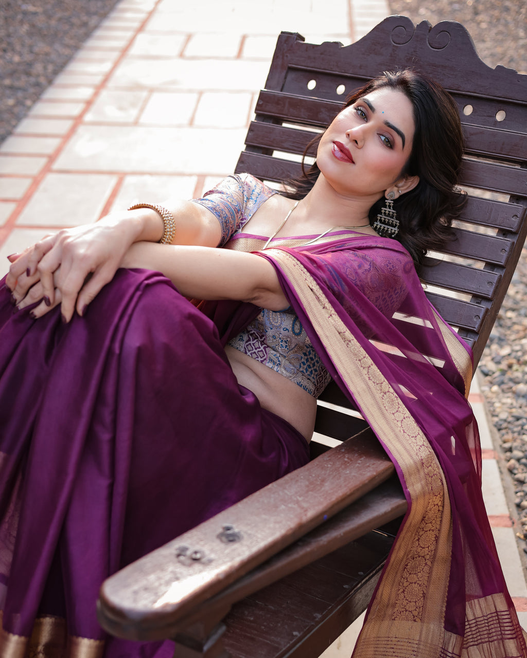 Majestic Plum Plain Chiffon Saree with Gold Zari Border, Printed Designer Blouse & Tassel Detailing CHIFFON