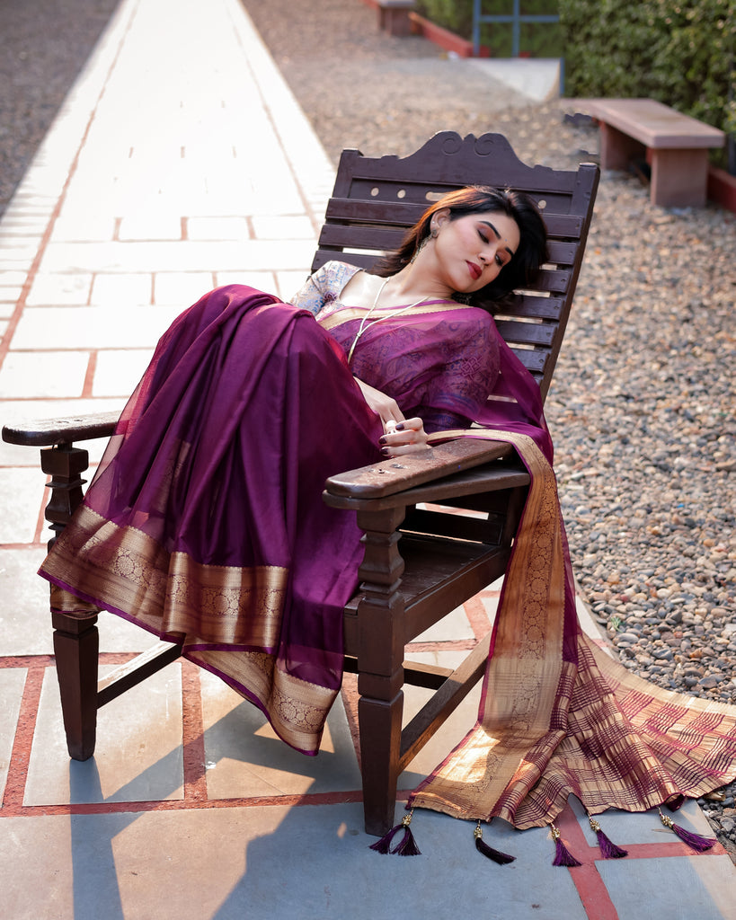 Majestic Plum Plain Chiffon Saree with Gold Zari Border, Printed Designer Blouse & Tassel Detailing CHIFFON