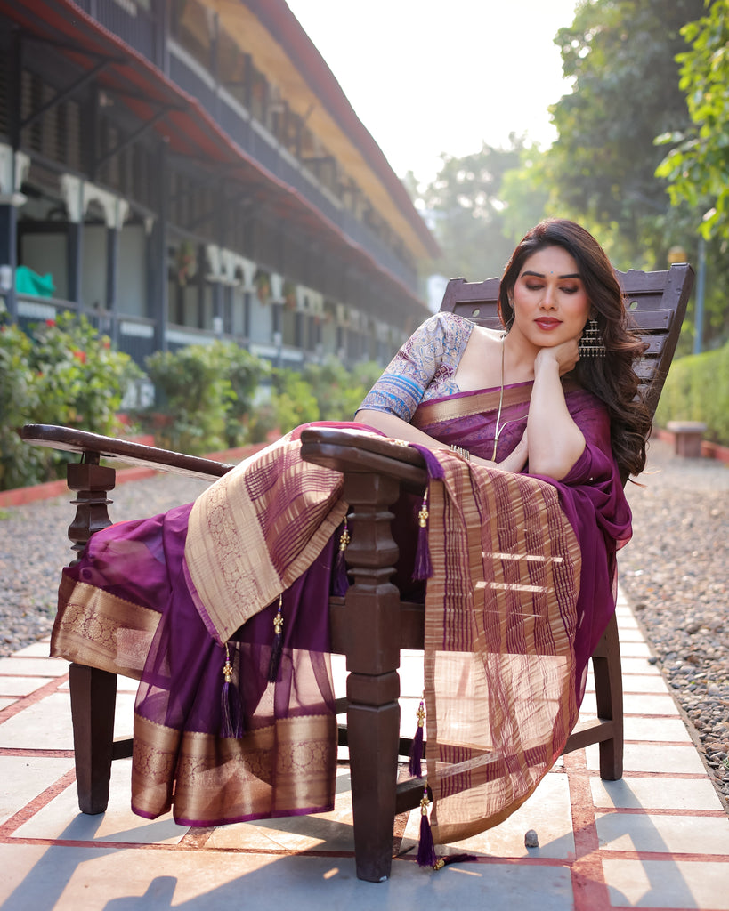 Majestic Plum Plain Chiffon Saree with Gold Zari Border, Printed Designer Blouse & Tassel Detailing CHIFFON