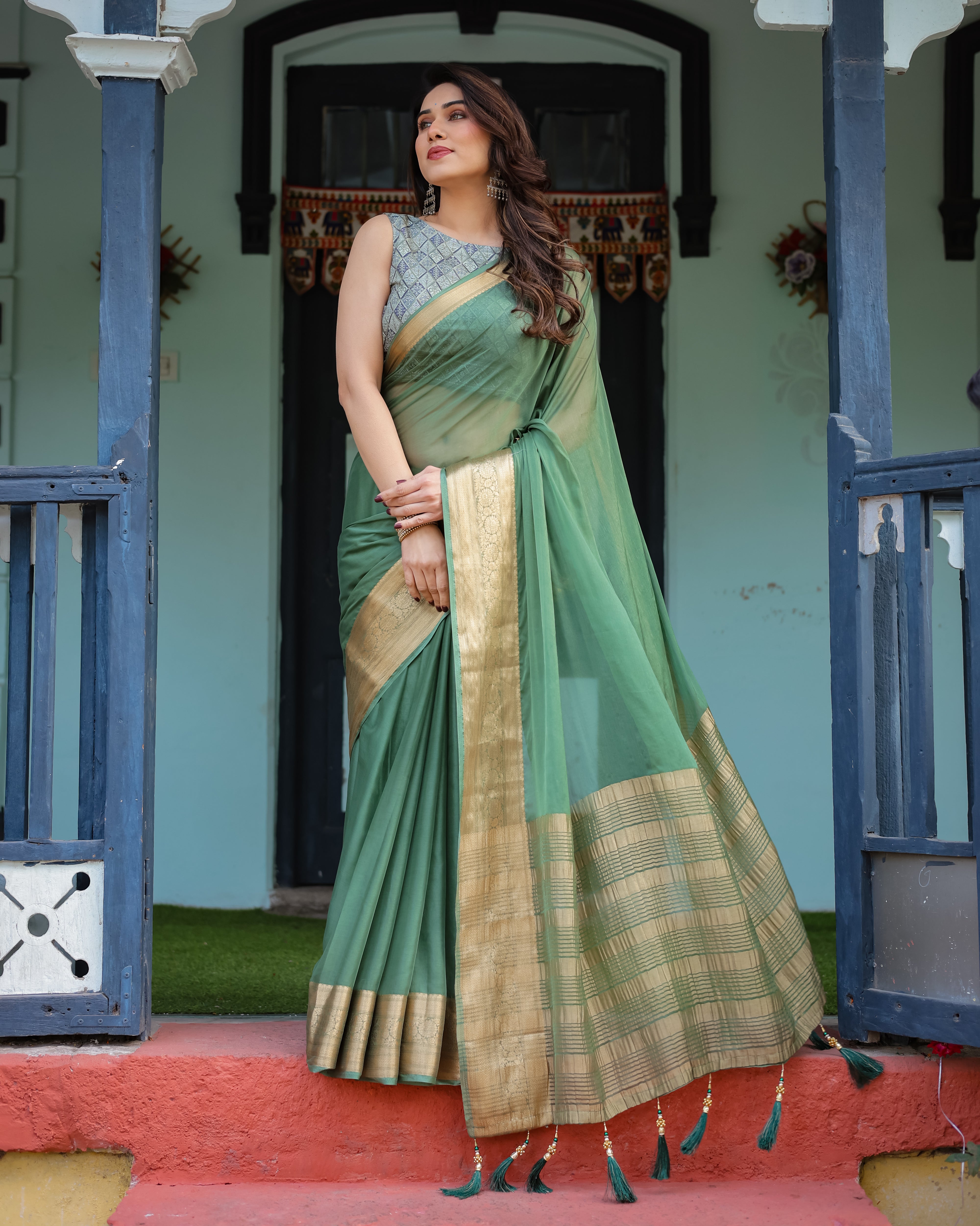 Mint Green Plain Chiffon Saree with Gold Zari Border, Geometric Printed Blouse & Tassel Detailing Secondary image