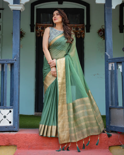 Mint Green Plain Chiffon Saree with Gold Zari Border, Geometric Printed Blouse & Tassel Detailing CHIFFON